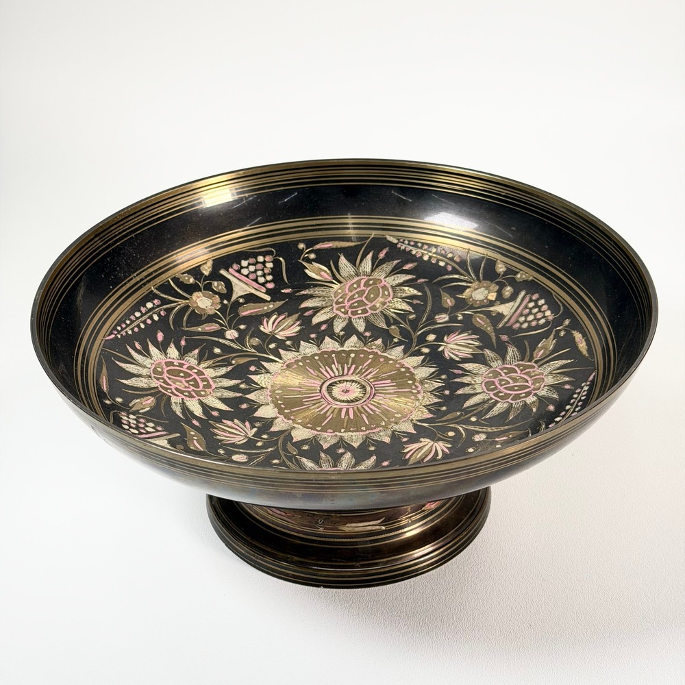Vintage Brass Pedestal Bowl Black Floral Etched Enamel Boho India Pink Ornate